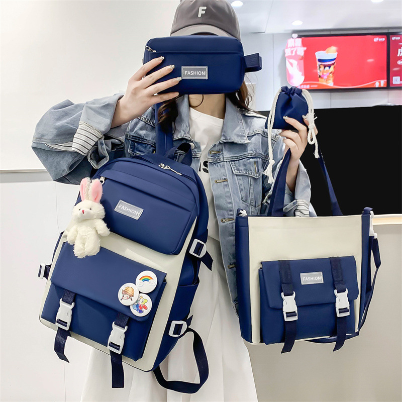 Simple New Style Student Schoolbag Five-Piece Set, Versatile Backpack for Middle and High School Students, Large Capacity Outdoor Travel Backpack