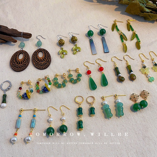 New Chinese style ancient style jade bamboo joint earrings niche design sense of literary retro agate natural stone earrings high-end