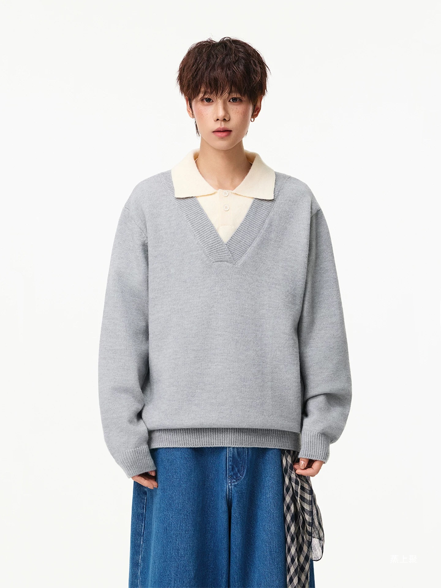 Old money style faux two-piece polo collar sweater for men, autumn and winter, loose and casual knit top