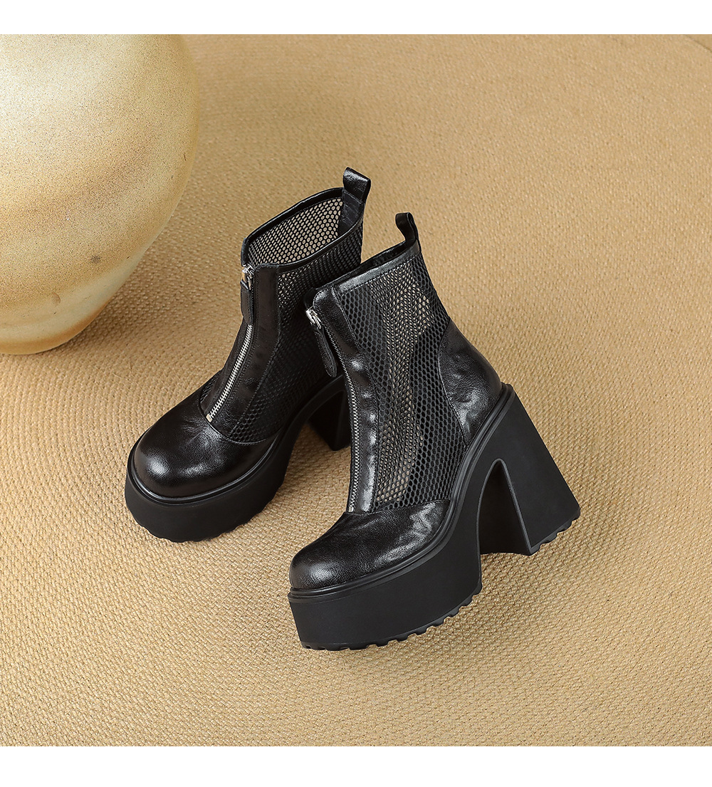 Boot nữ đế dày cao gót lưới thoáng khí kéo khóa trước phong cách combat — màu đen chi tiết 17
