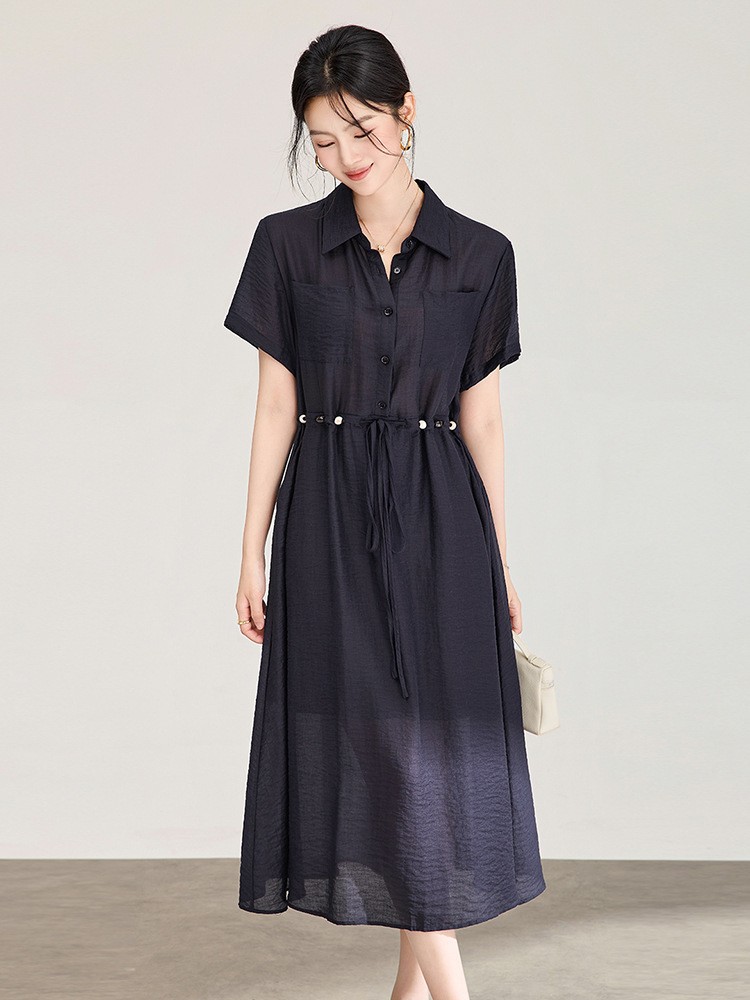 Đầm sơ mi nữ dáng suông chất liệu linen phối cườm nhẹ — màu xanh navy
