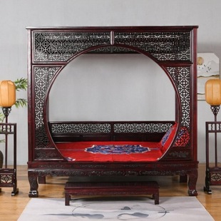 Foshan All-Solid Wood Frame Bed, Antique Southern Elm Carved Moon Hole Double Bed, New Chinese Style Step Bed