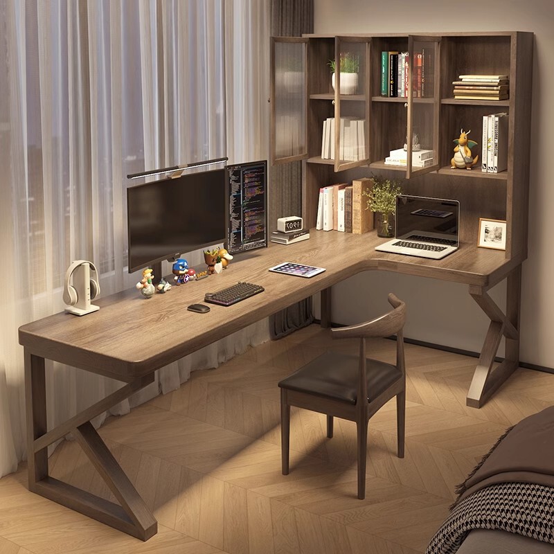 Solid Wood Computer Desk Corner Desk with Glass Bookcase Storage Integrated Study Workbench L-Shaped Home Writing Desk