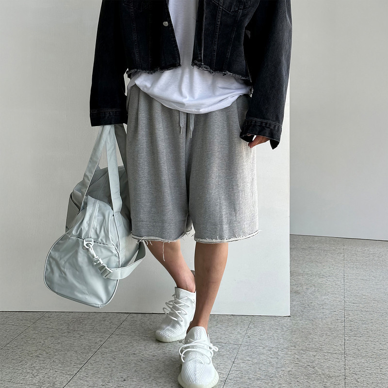 Casual Style Gray Frayed Elastic Shorts Men's Summer Loose Wide-Leg Short Sweatpants Sports Straight-Leg Shorts