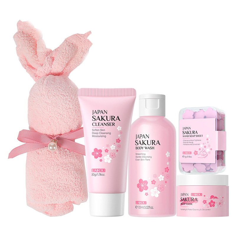 Conjunto combinado de leche de caracol y flor de cerezo LAIKOU transfronterizo, varios conjuntos, kit de productos para el cuidado de la piel de combinación libre.