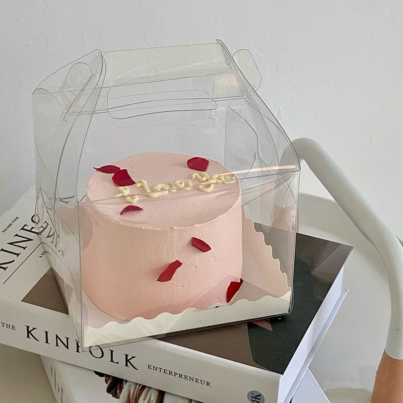 手提生日蛋糕盒4寸5寸加底托PET甜品慕斯烘焙包装盒生日派对