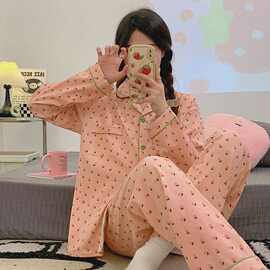 新款粉色印花两件套女士家居服春夏秋长袖长裤睡衣套装女跨境货源