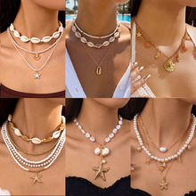 跨境欧美饰品夏威夷度假沙滩贝壳项链海洋贝壳双层叠戴项链锁骨链