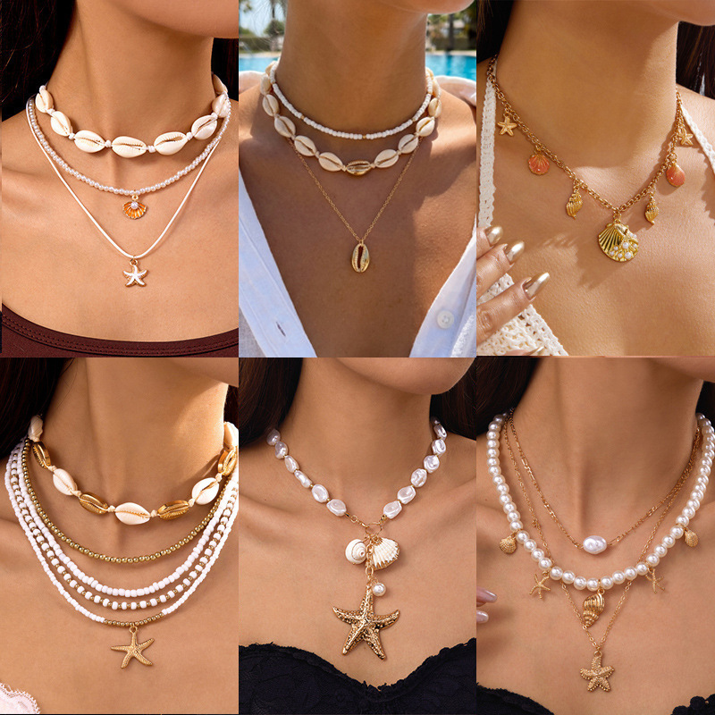 跨境欧美饰品夏威夷度假沙滩贝壳项链海洋贝壳双层叠戴项链锁骨链