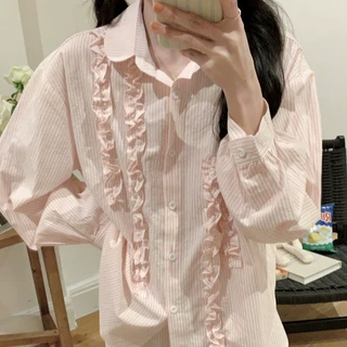 韩国ins女士春秋韩系条纹简约舒适木耳边睡衣套装休闲宽松家居服