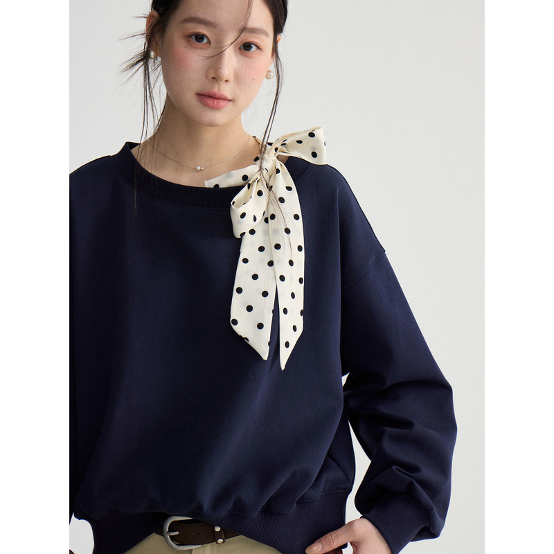 【Geming】Designed Korean-Style Polka Dot Tie-Up Sweatshirt for Women, New Spring Collection, Loose Fit, Slimming Top S7094F 【Geming】Designed Korean-Style Polka Dot Tie-Up Sweatshirt for Women, New Spring Collection, Loose Fit, Slimming Top S7094F