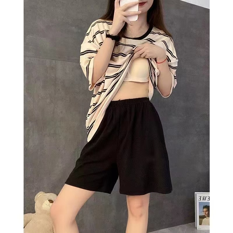 Conjunto de pijama de manga corta con cuello en V y almohadillas en el pecho, estilo nuevo para comercio transfronterizo, ropa de estar informal a rayas de verano para mujer.
