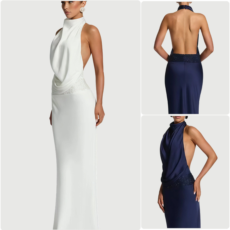 European and American Amazon Sexy Dress 2025 White Halterneck High Collar Sleeveless Dress Elegant Dress Long Skirt