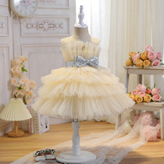 跨境新款蝴蝶結束腰兒童禮服公主裙子寶寶甜美千層網紗女童連衣裙