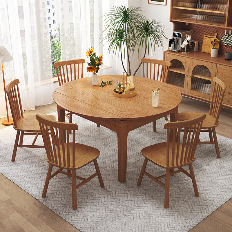 Madera maciza nórdica redonda mesa de comedor retráctil 4/6/8 personas comedor madera maciza mesa de comedor blanco cera combinación silla