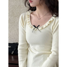 鹿西 韩系蕾丝拼接大U领内搭女秋冬修身显瘦蝴蝶结针织打底ss912