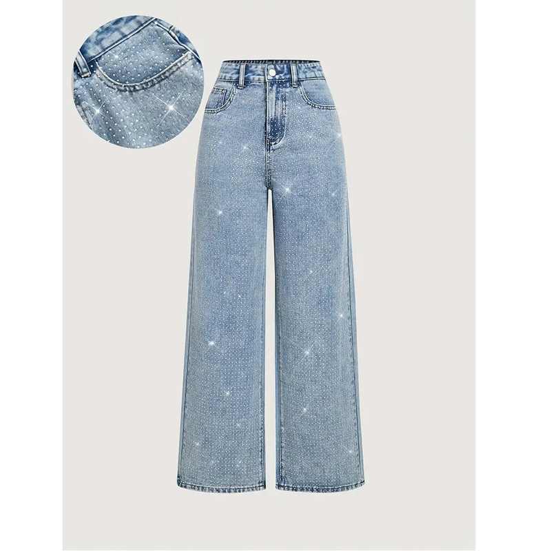 Cross-Border European and American Aliexpress Hot-Selling Casual Straight-Leg Jeans, Washed Denim, Stretch Jeans with Beaded Decoration Cross-Border European and American Aliexpress Hot-Selling Casual Straight-Leg Jeans, Washed Denim, Stretch Jeans with Beaded Decoration