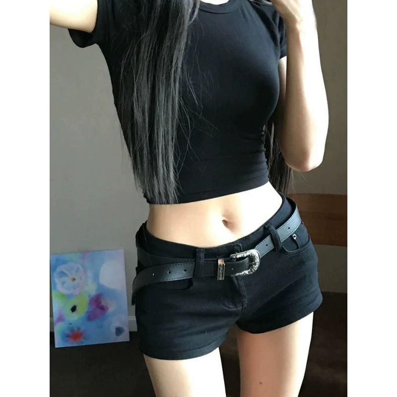 Black Low-Waist Motorcycle Style Cotton Ultra-Short Shorts for Women Summer Hip-Covering Y2K Light Subculture Hot Pants American Sexy Elastic