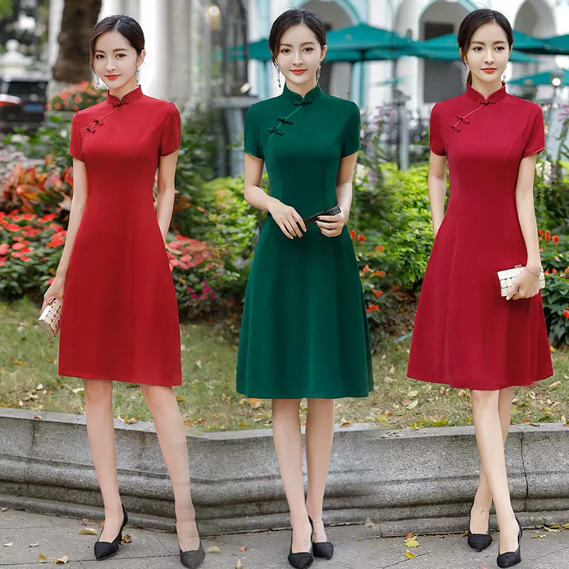 夏季新品中长款改良旗袍连衣裙大摆修身妈妈装广场舞回娘家婚宴