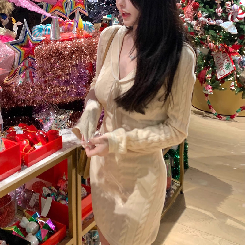 Navy Collar Head Wool Navy Collar Knitted Slim Dress V Neck Tie