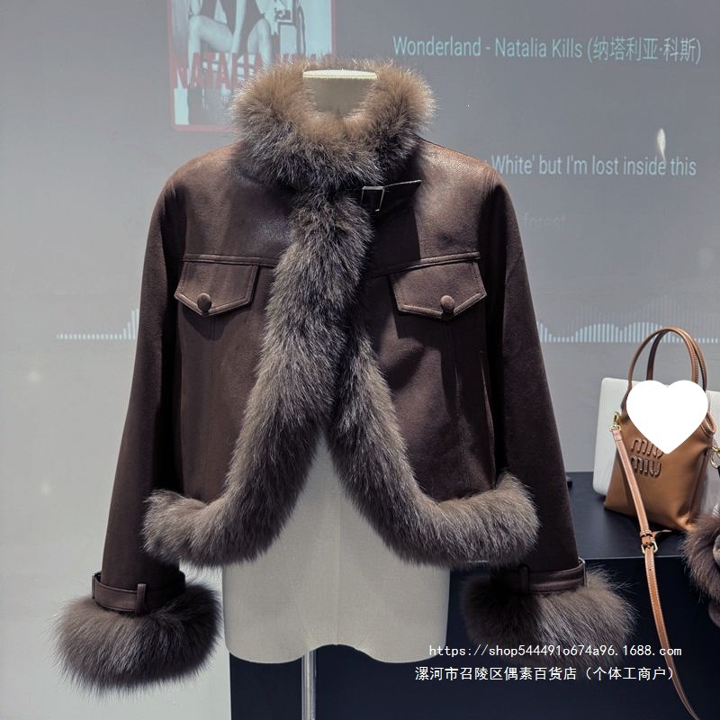 美拉德复合毛毛外套女2026秋冬新款麂皮绒短款环保狐狸毛皮草上衣