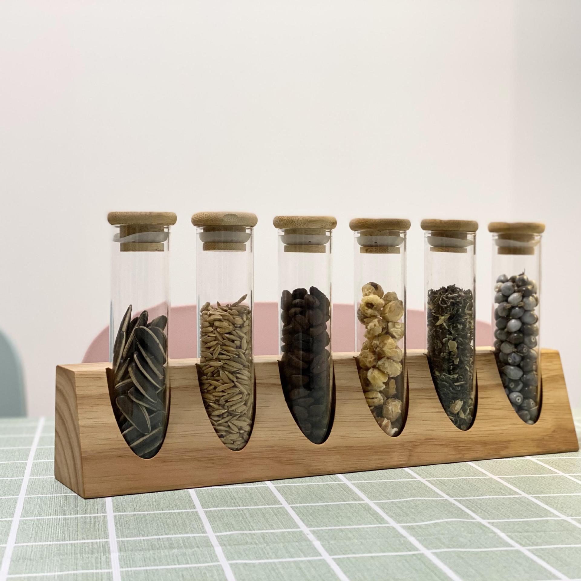 Tubo de ensayo de vidrio de borosilicato estante de exhibición de madera maciza muestra té granos de café cocina clasificación de almacenamiento tanque de almacenamiento