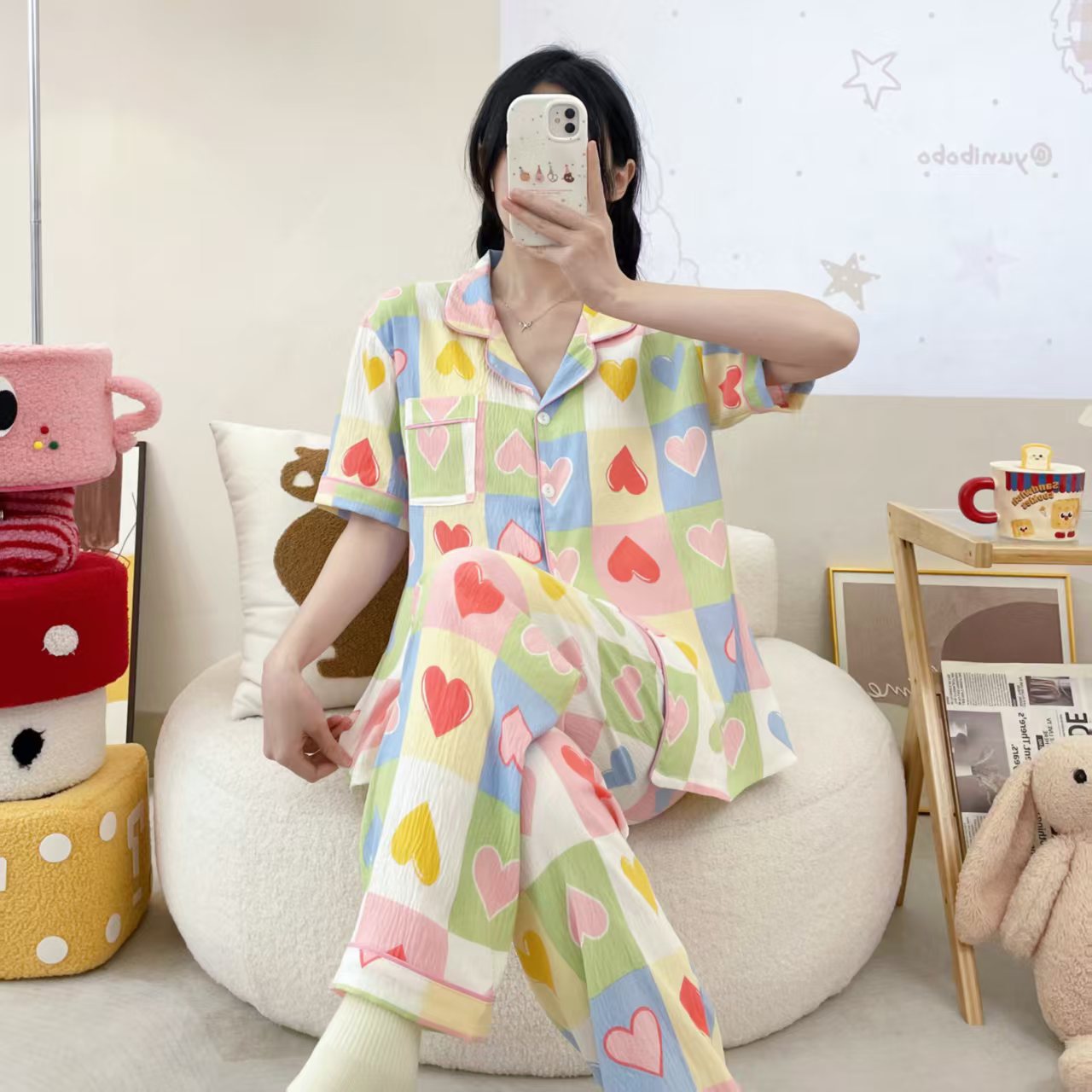 Comercio exterior al por mayor nubes de algodón de manga corta pantalones cardigans con la solapa pijamas de dibujos animados de mujer verano dulce ropa doméstica transfronteriza