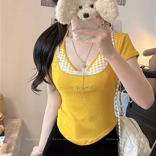 5056 # Pure Lust Style Lace Splicing Halter Short-Sleeved T-Shirt Summer Vacation Two-Piece Plaid Short Slim Sexy Top