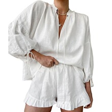 L 80531 V-neck Lantern Sleeve Shorts Set ���ɶ̿���װ