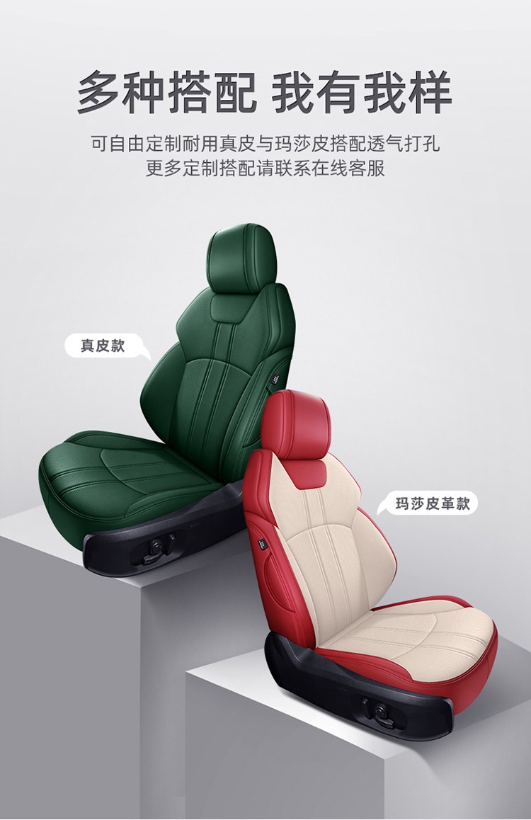 Custom-fit car seat covers, suitable for all seasons, with a full wrap-around design, 360-degree coverage, perforated leather for breathability, and designed specifically for your car model