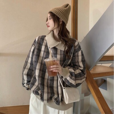 实拍2021秋冬女装韩版POLO领格子宽松套头设计感加厚呢子长袖卫衣|ru