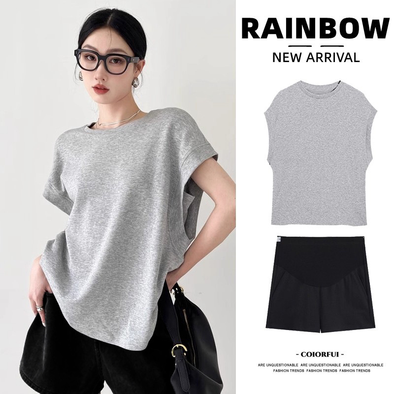 Maternity Suit Summer 2025 New Sleeveless Round Neck Thin Loose Age-Reducing Slimming Look Top Shorts Two-Piece Set for Women