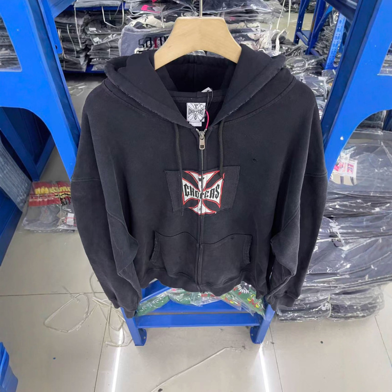 West Coats重磅vintage铁十字Remake设计拉链做旧连帽卫衣帽衫男|undefined