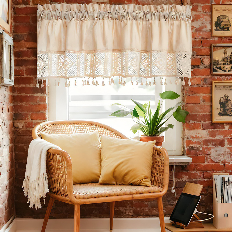 Shenrun Textile Crochet Patchwork Wardrobe Half Curtain Rod Curtain Cabinet Curtain Semi-Transparent Linen Cotton Lace Japanese and Korean Partition