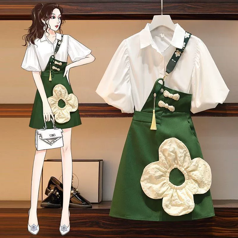 Женская летняя одежда больших размеров, новый стиль для полных девушек, чтобы скрыть тело, модная рубашка для похудения и юбка на подтяжках, костюм-двойка