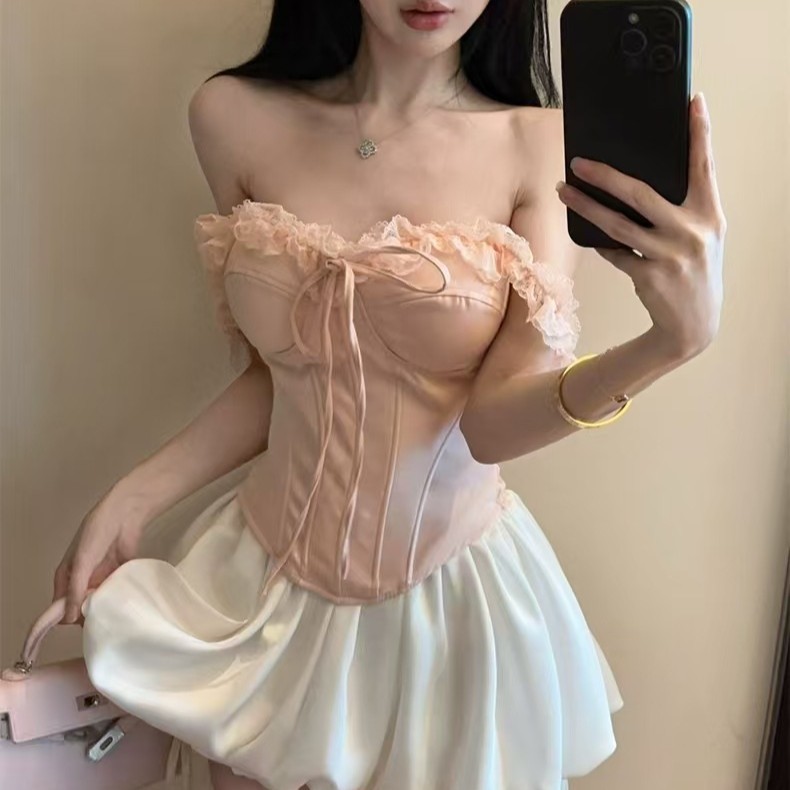 1961 Sweet and Spicy Pure Desire Style Lace Trim Fishbone Camisole Women's Summer Waist-Cinching Short Chic Outerwear Top