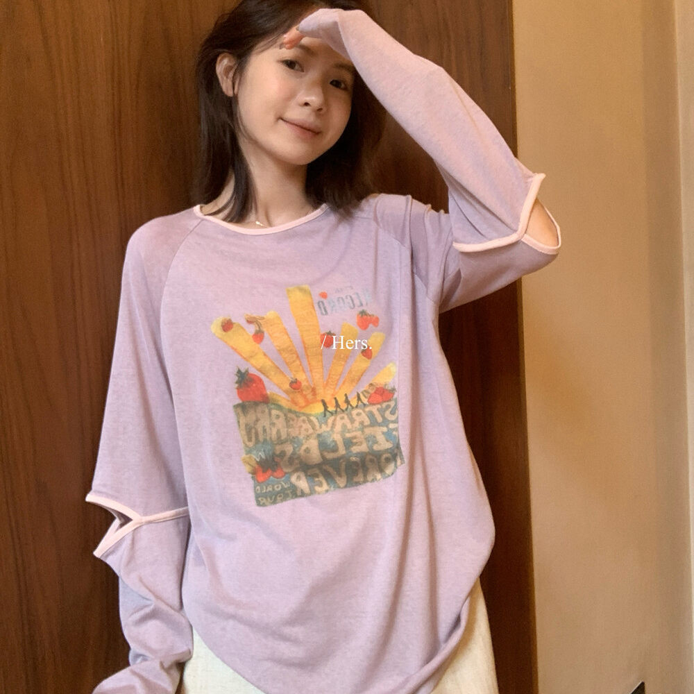 Áo thun nữ tay dài in họa tiết hoạt hình, chất liệu mỏng nhẹ, form rộng thoải mái — Xám tím, màu trắng