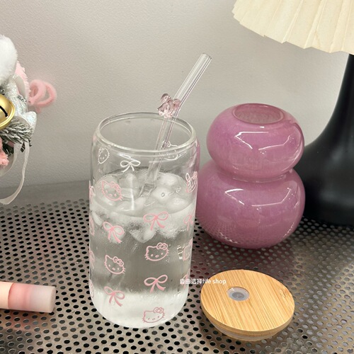 High Borosilicate Glass Cup Cartoon KT Cat with Lid and Bow Tie Straw Desk Convenient Bamboo Lid Cup Student Heat Resistant