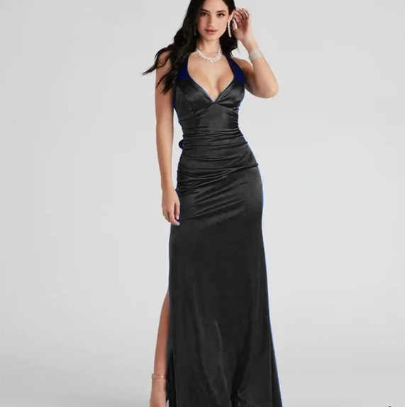 Transfronterizo europeo y americano negro swing cuello bolso falda de cadera banquete elegante vestido de tirantes de cintura alta de satén (4 colores) image 7