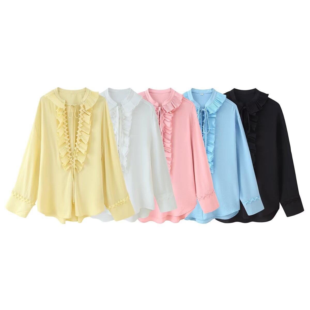 批发2025夏新品欧美风女装五色褶皱饰V领长袖衬衫  6817  6820