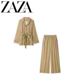 ZAZA 自制欧美风 批发女装 时尚百搭气质搭印花口袋衬衫+长裤套装