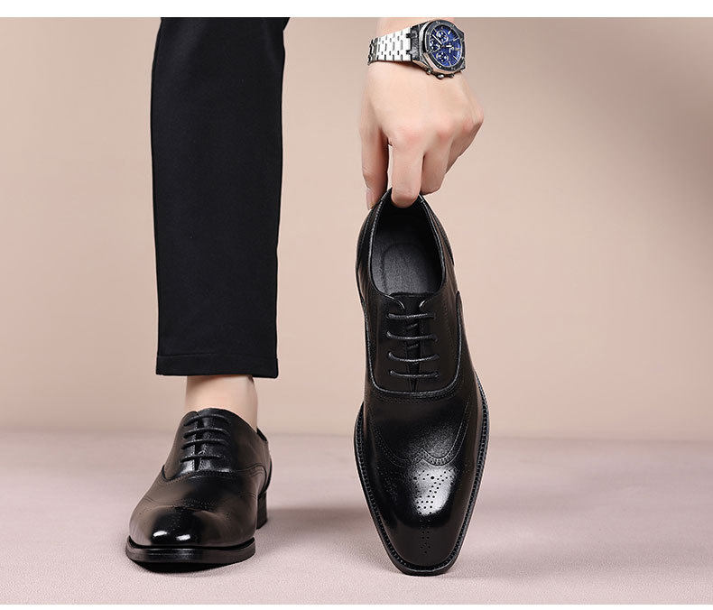 Giày da nam công sở da bò lớp đầu mũi nhọn Brogue buộc dây đế gỗ — Màu nâu, màu đen chi tiết 16