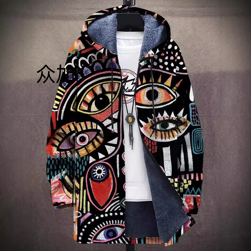 2025 Cross-Border Independent Station New Autumn and Winter Digital Printed Zipper Hooded Cotton Jacket Twill Long Lining Gray