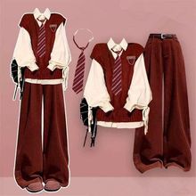 2025新年战袍学生减龄穿搭过年红色马甲女+抽绳衬衫+休闲裤三件套