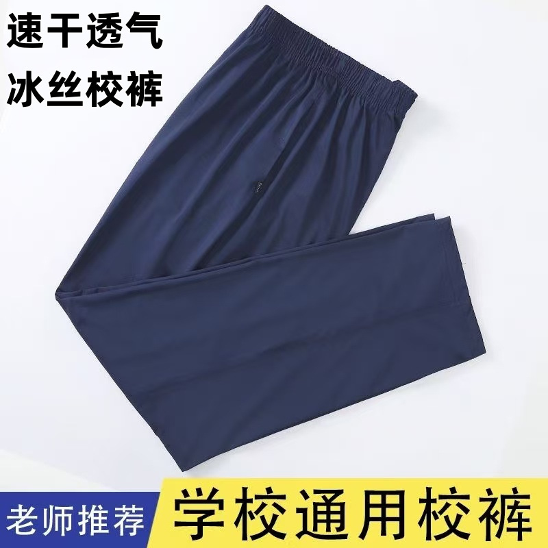 Summer Thin Ice Silk School Uniform Pants Navy Blue Elementary School Junior High School Students Pure Color Black Straight Quick-Drying School Pants