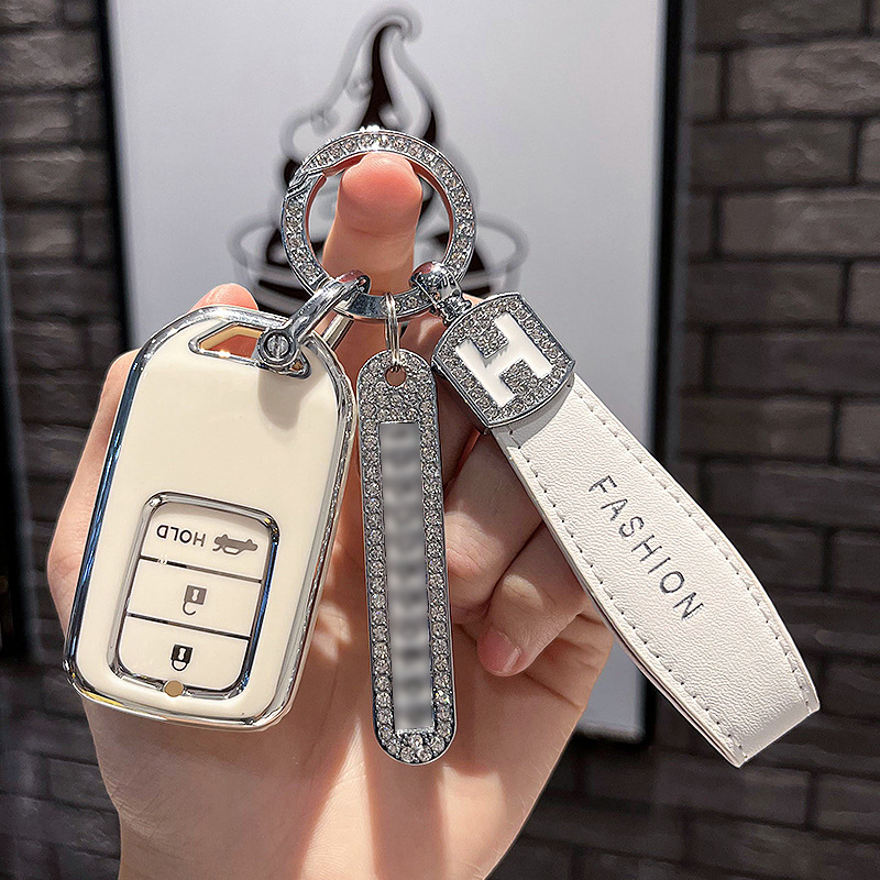 BT 키 P 모델 - 스마트 3버튼 [싱글 쉘 화이트] + 화이트 H 가죽 로프 다이아몬드 버클 + 실버 번호판