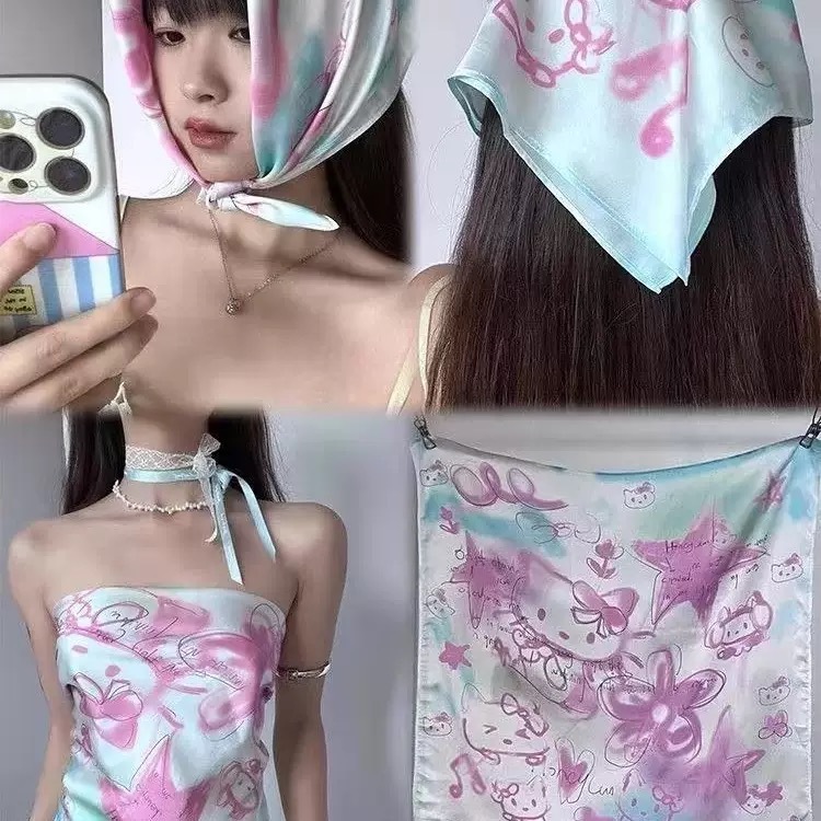 手绘涂鸦HelloKitty头巾辣妹y2k裹胸夏季街头嘻哈方巾多功能丝巾|undefined
