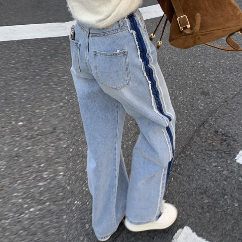 한국 세련된 봄 틈새 복고풍 높은 허리 올 매치 컬러 대비 바느질 느슨한 넓은 다리 청바지 바지 여성