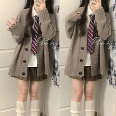 三件套装/单件秋冬复古慵懒风针织毛衣开衫女学生百搭衬衫百褶裙