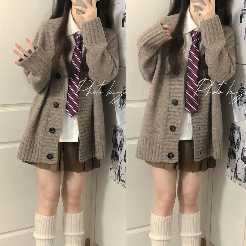 三件套装/单件秋冬复古慵懒风针织毛衣开衫女学生百搭衬衫百褶裙